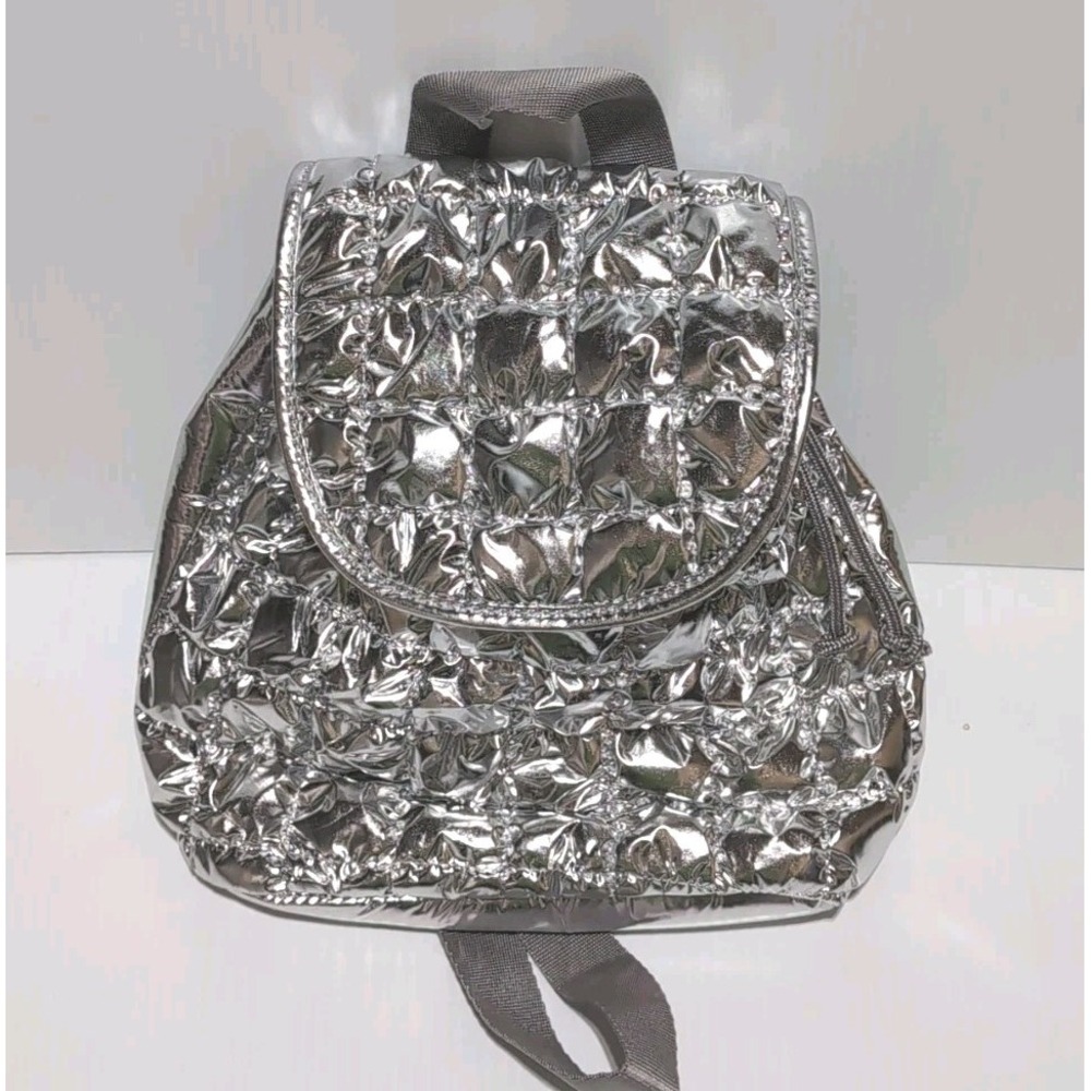 Silver Quilted Puffer Mini Backpack, Art Class, Adjustable Straps, 10in x 8in.